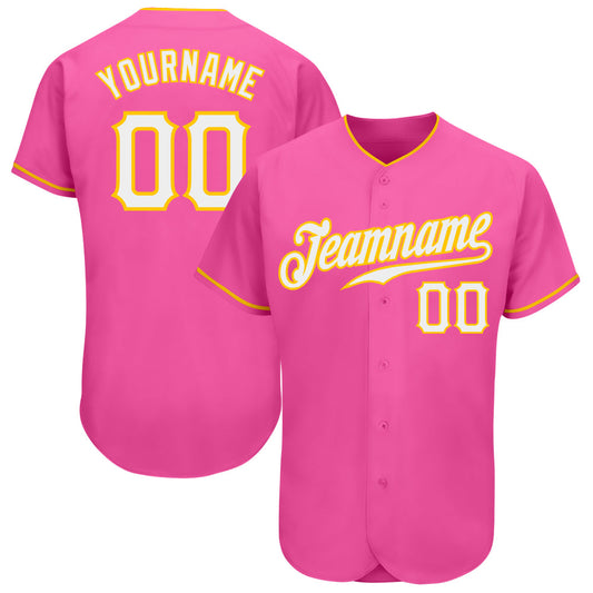 Custom Pink White-Gold Authentic Baseball Jersey - Main View