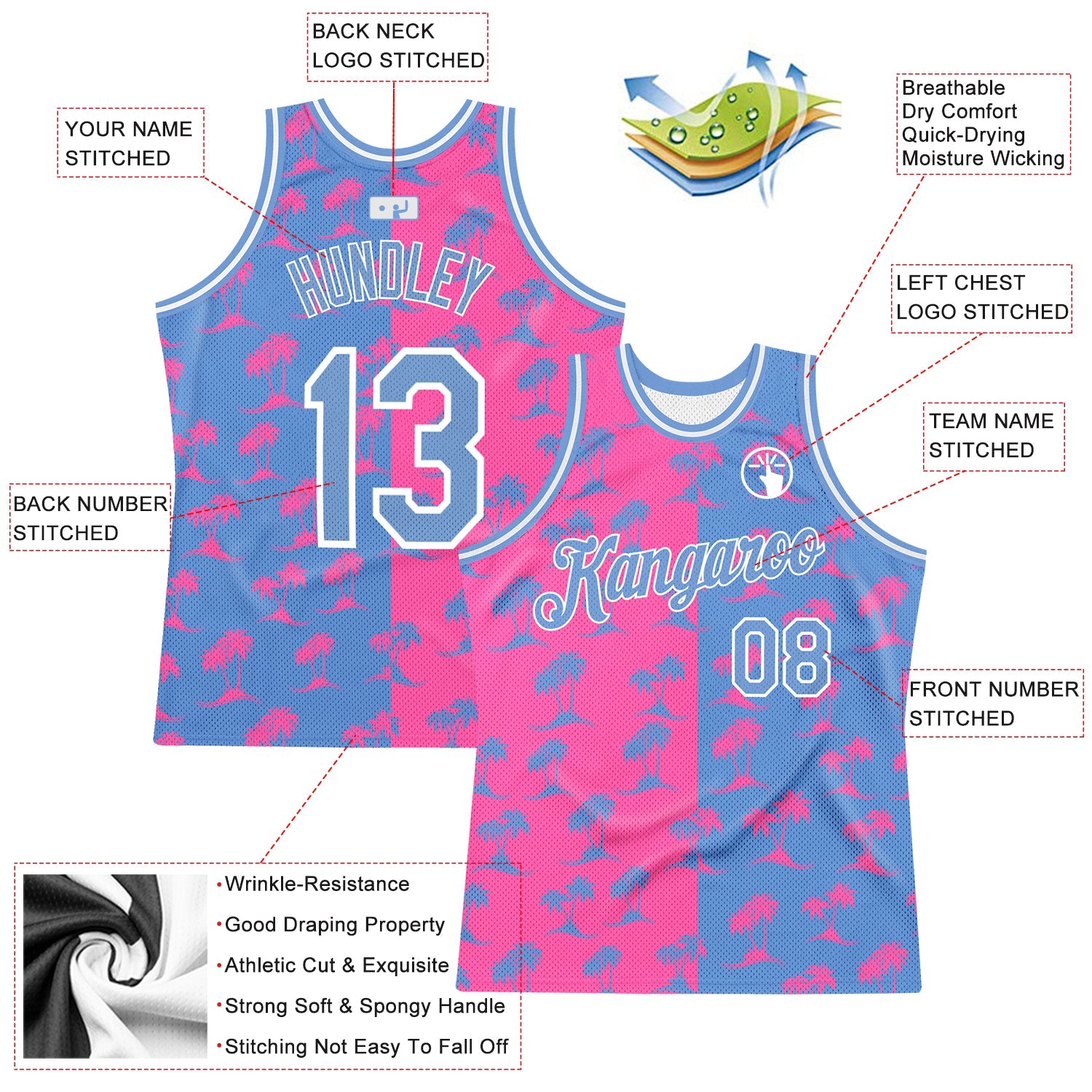 Custom Pink Light Blue-White 3D Pattern Hawaii Palm Trees Authentic Basketball Jersey view 3