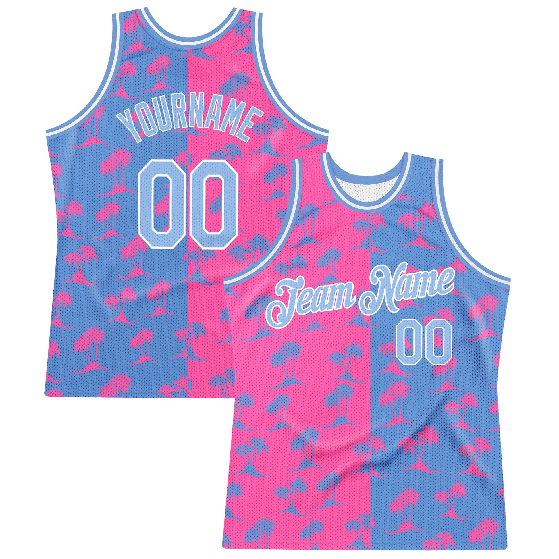 Custom Pink Light Blue-White 3D Pattern Hawaii Palm Trees Authentic Basketball Jersey - Main View