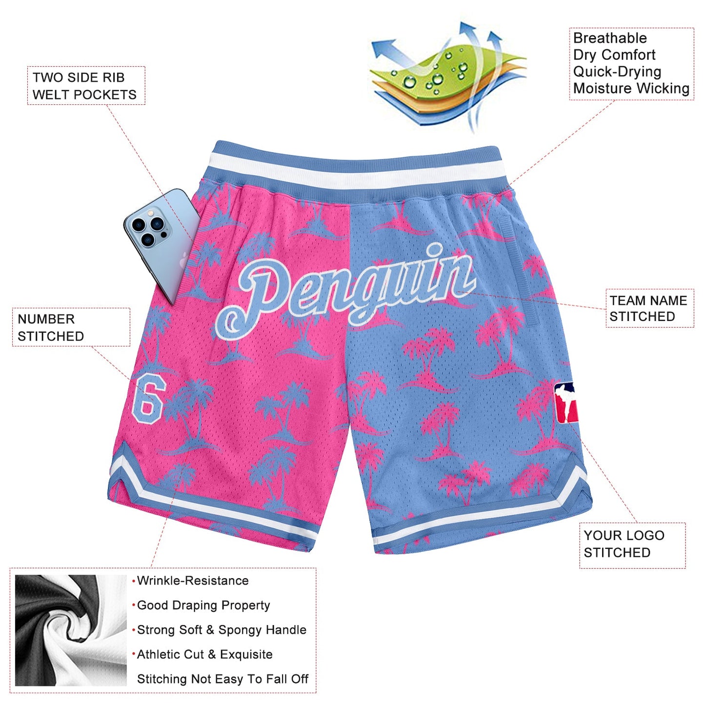 Custom Pink Light Blue-White 3D Pattern Design Palm Trees Authentic Basketball Shorts view 2