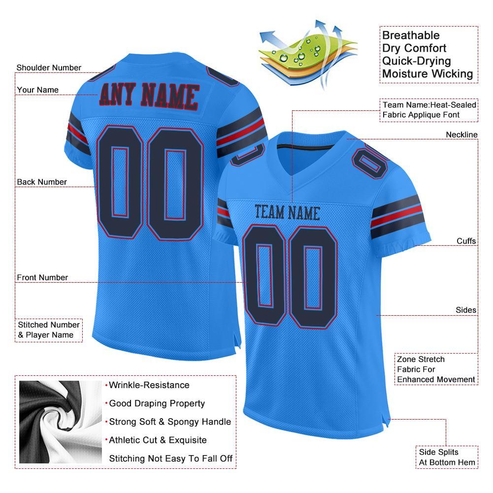 Custom Powder Blue Navy-Red Mesh Authentic Football Jersey view 4