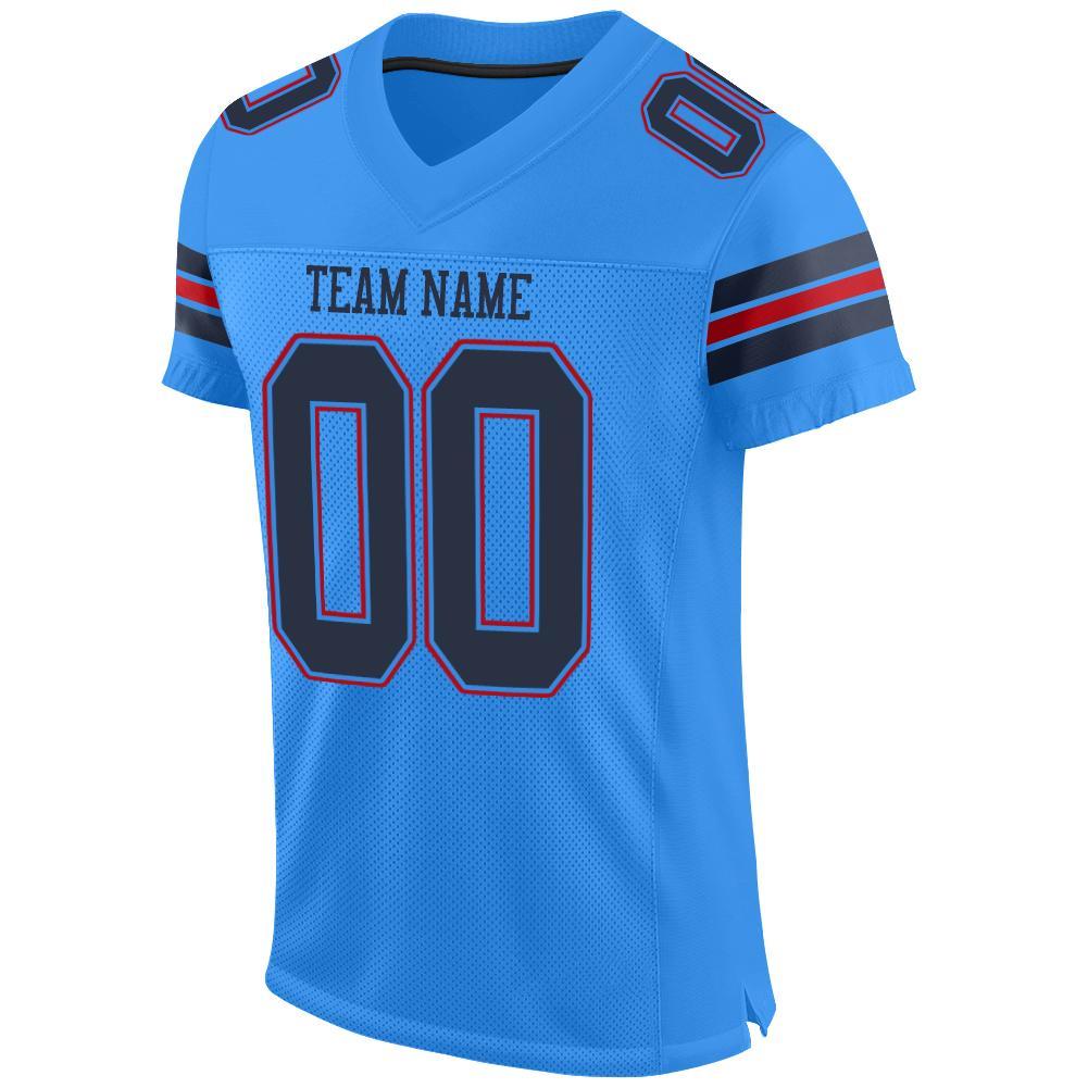 Custom Powder Blue Navy-Red Mesh Authentic Football Jersey view 2