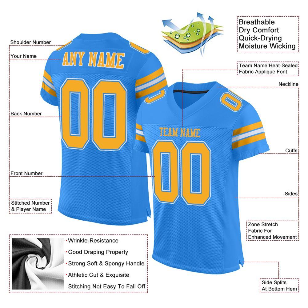 Custom Powder Blue Gold-White Mesh Authentic Football Jersey view 4