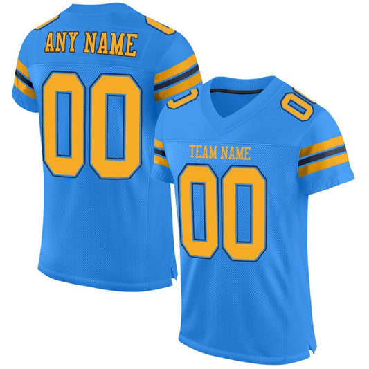 Custom Powder Blue Gold-Navy Mesh Authentic Football Jersey - Main View