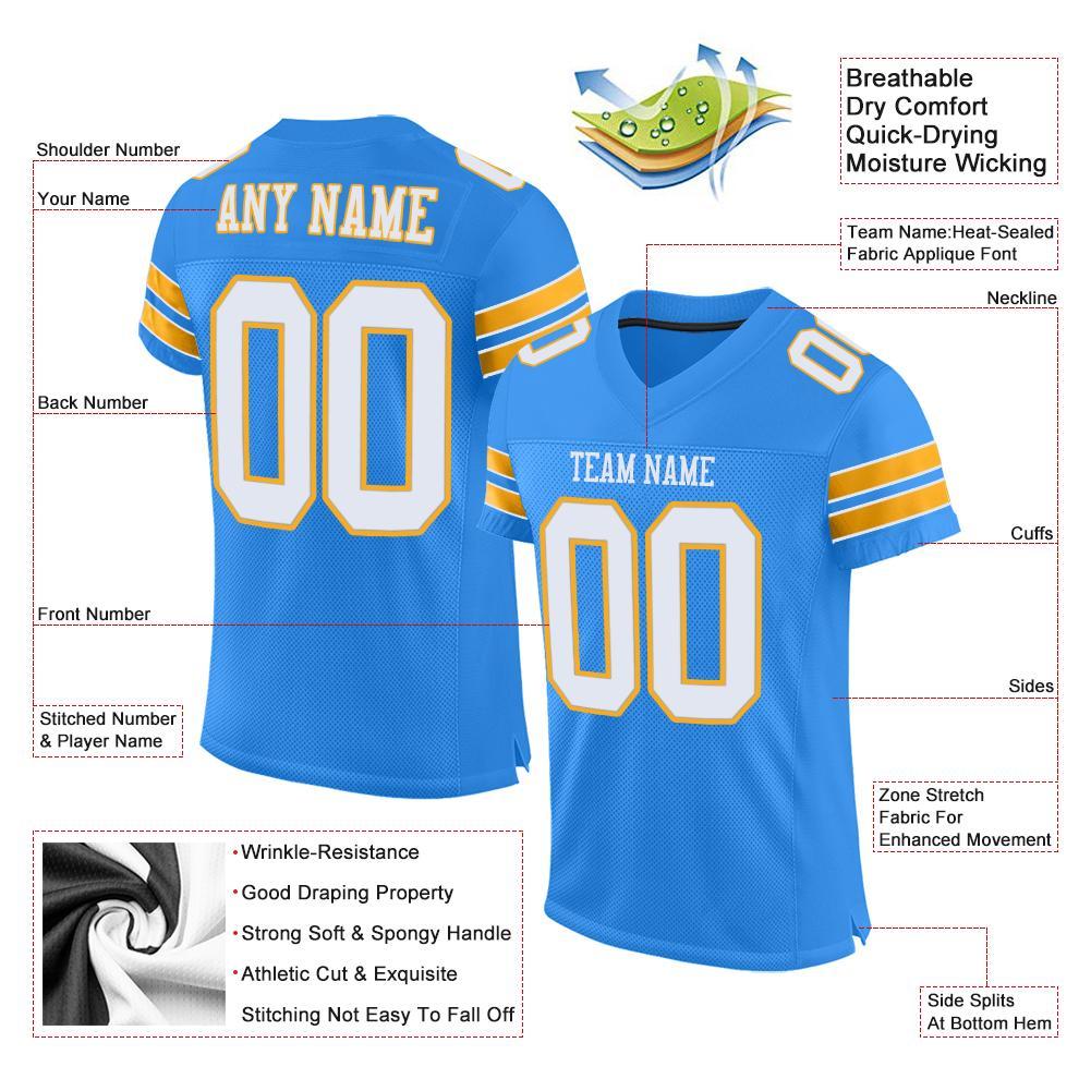 Custom Powder Blue White-Gold Mesh Authentic Football Jersey view 5