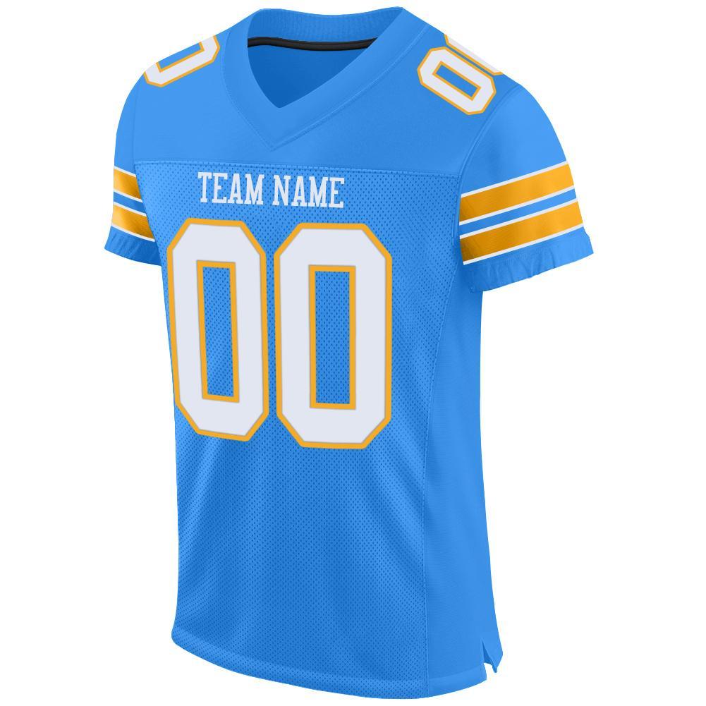 Custom Powder Blue White-Gold Mesh Authentic Football Jersey view 3