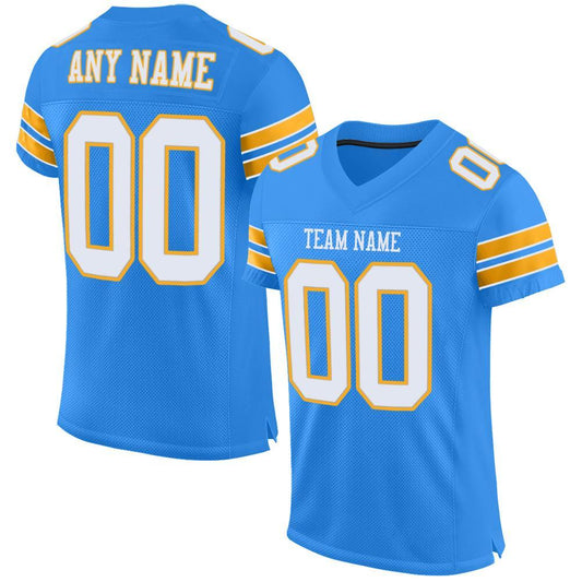 Custom Powder Blue White-Gold Mesh Authentic Football Jersey - Main View