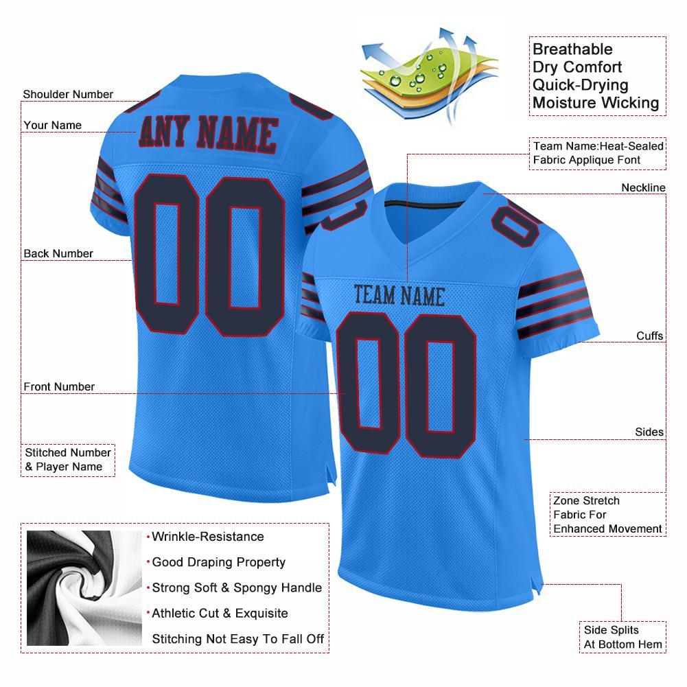 Custom Powder Blue Navy-Red Mesh Authentic Football Jersey view 4