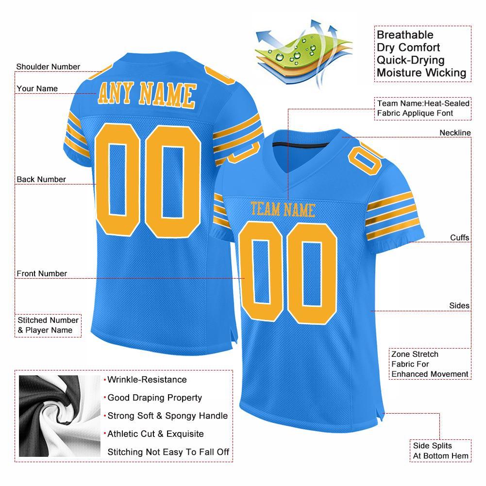 Custom Powder Blue Gold-White Mesh Authentic Football Jersey view 4