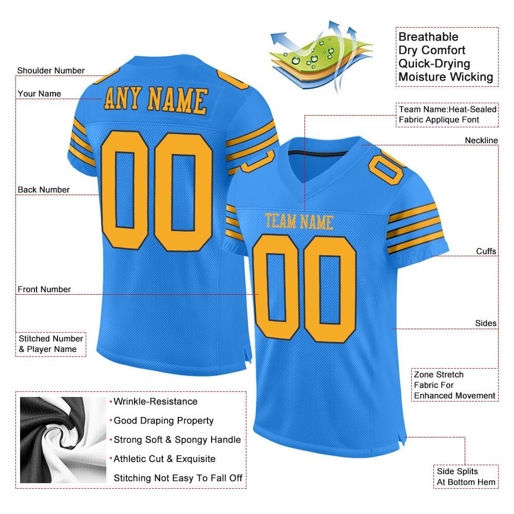 Custom Powder Blue Gold-Navy Mesh Authentic Football Jersey view 4