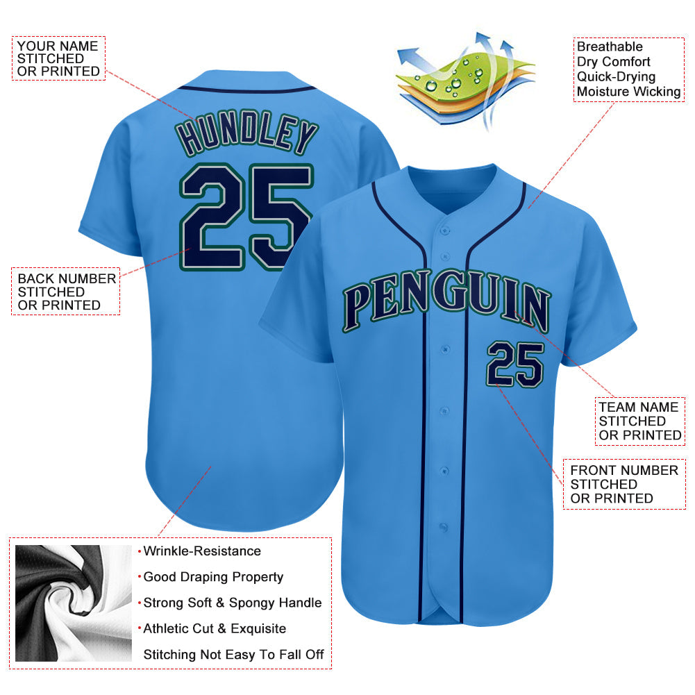 Custom Powder Blue Navy-Teal Authentic Baseball Jersey view 3