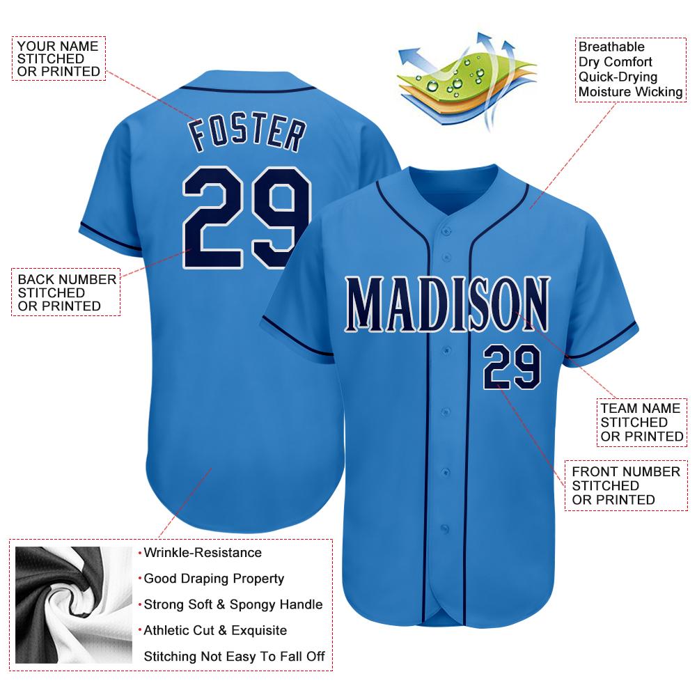 Custom Powder Blue Navy-White Authentic Baseball Jersey view 3