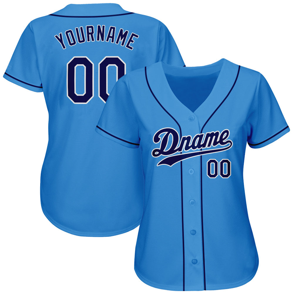 Custom Powder Blue Navy-White Authentic Baseball Jersey view 2
