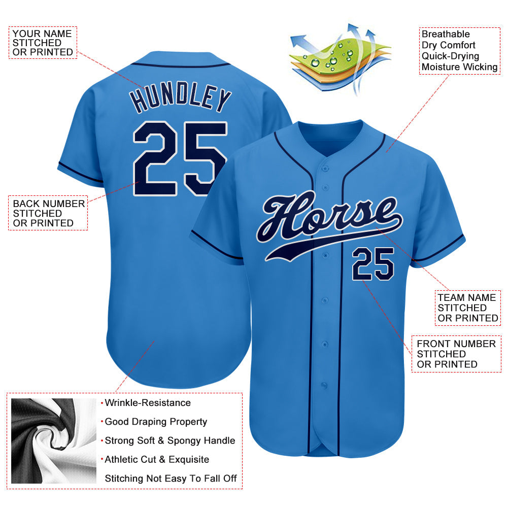 Custom Powder Blue Navy-White Authentic Baseball Jersey view 3