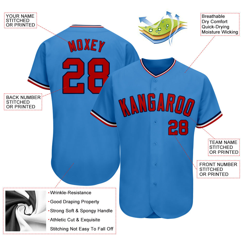 Custom Powder Blue Red-Navy Authentic Baseball Jersey view 3