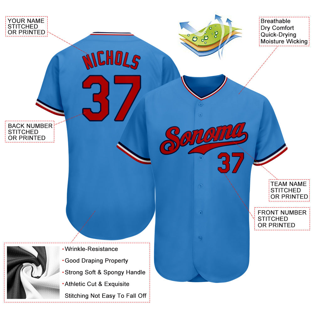 Custom Powder Blue Red-Navy Authentic Baseball Jersey view 3