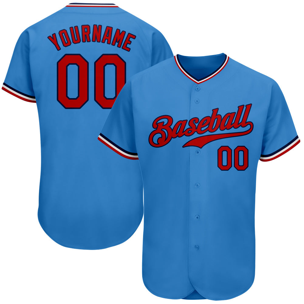 Custom Powder Blue Red-Navy Authentic Baseball Jersey - Main View