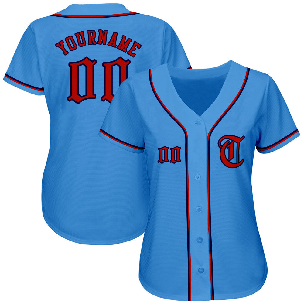 Custom Powder Blue Red-Navy Authentic Baseball Jersey view 2