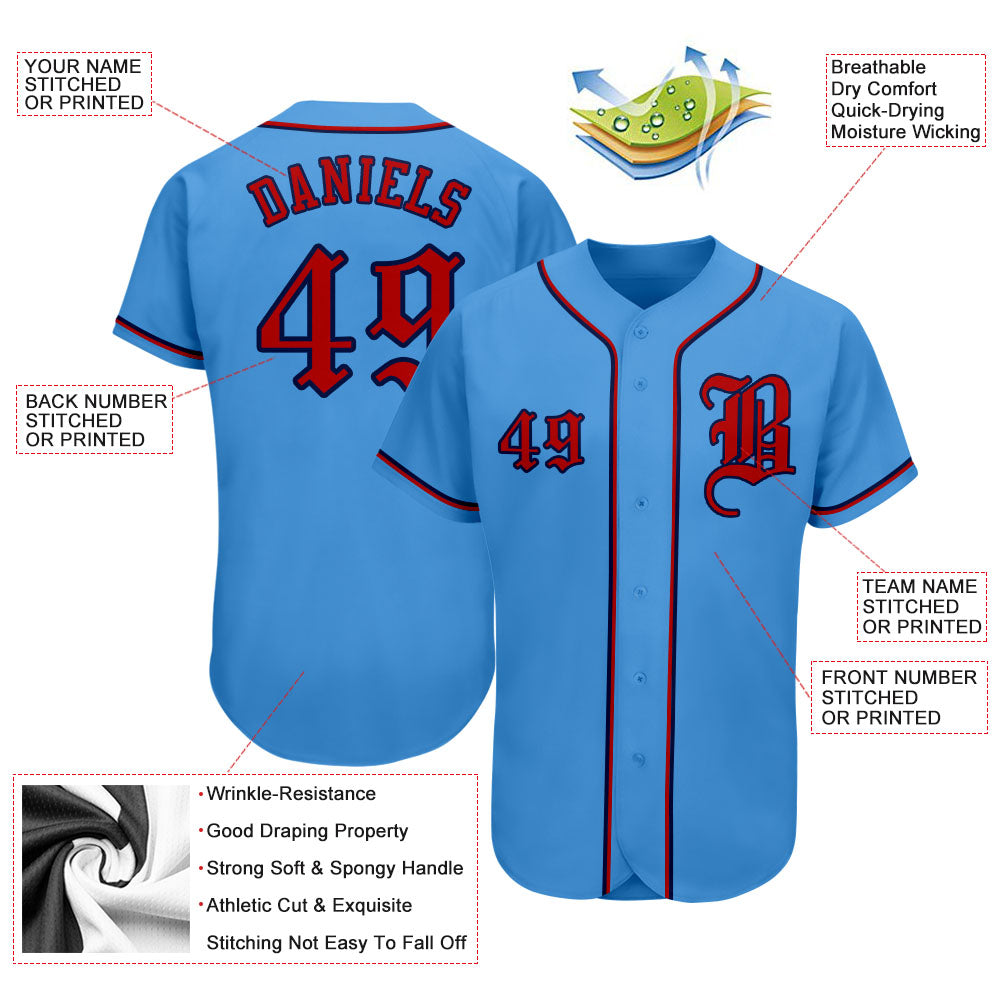 Custom Powder Blue Red-Navy Authentic Baseball Jersey view 3