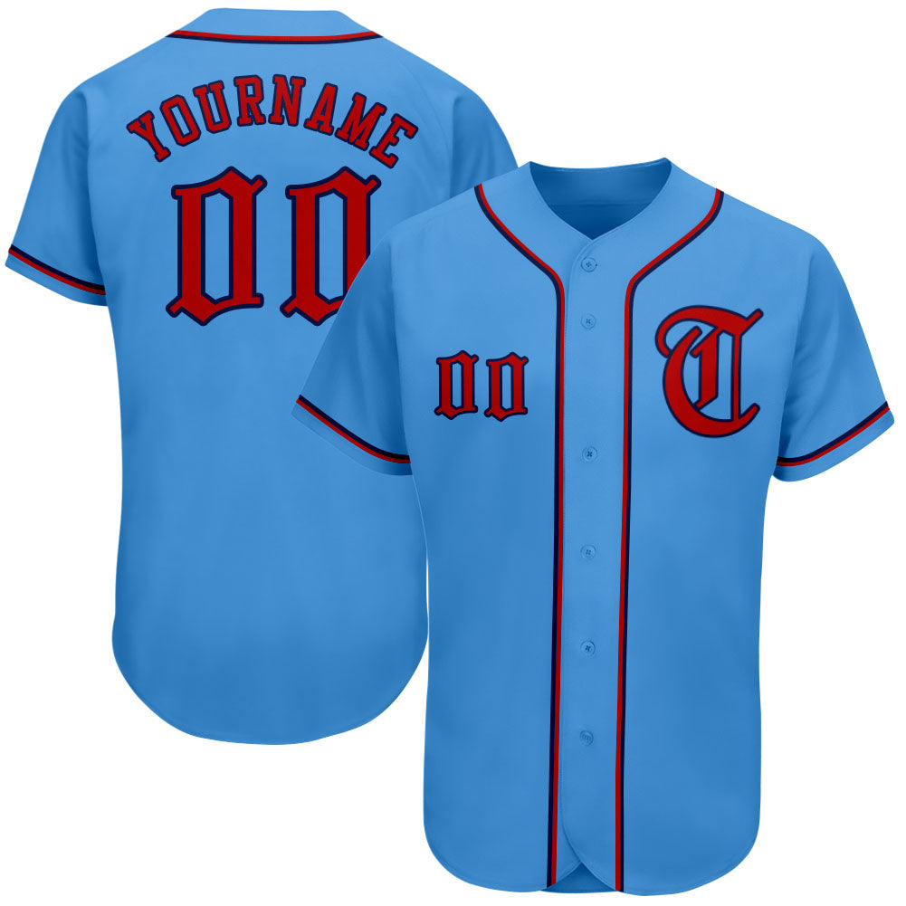 Custom Powder Blue Red-Navy Authentic Baseball Jersey - Main View