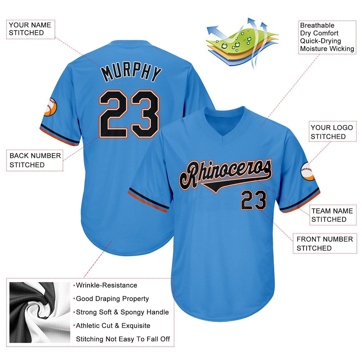 Custom Powder Blue Black-Orange Authentic Throwback Rib-Knit Baseball Jersey Shirt view 4