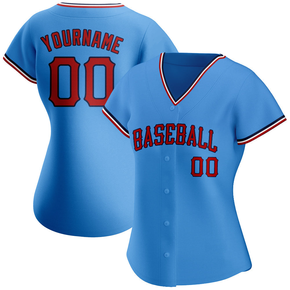 Custom Powder Blue Red-Navy Authentic Baseball Jersey view 2