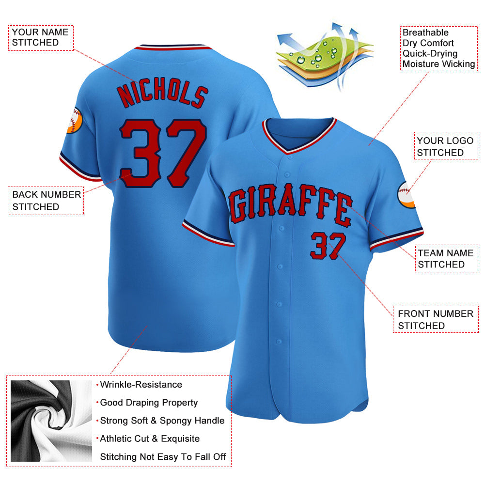 Custom Powder Blue Red-Navy Authentic Baseball Jersey view 3