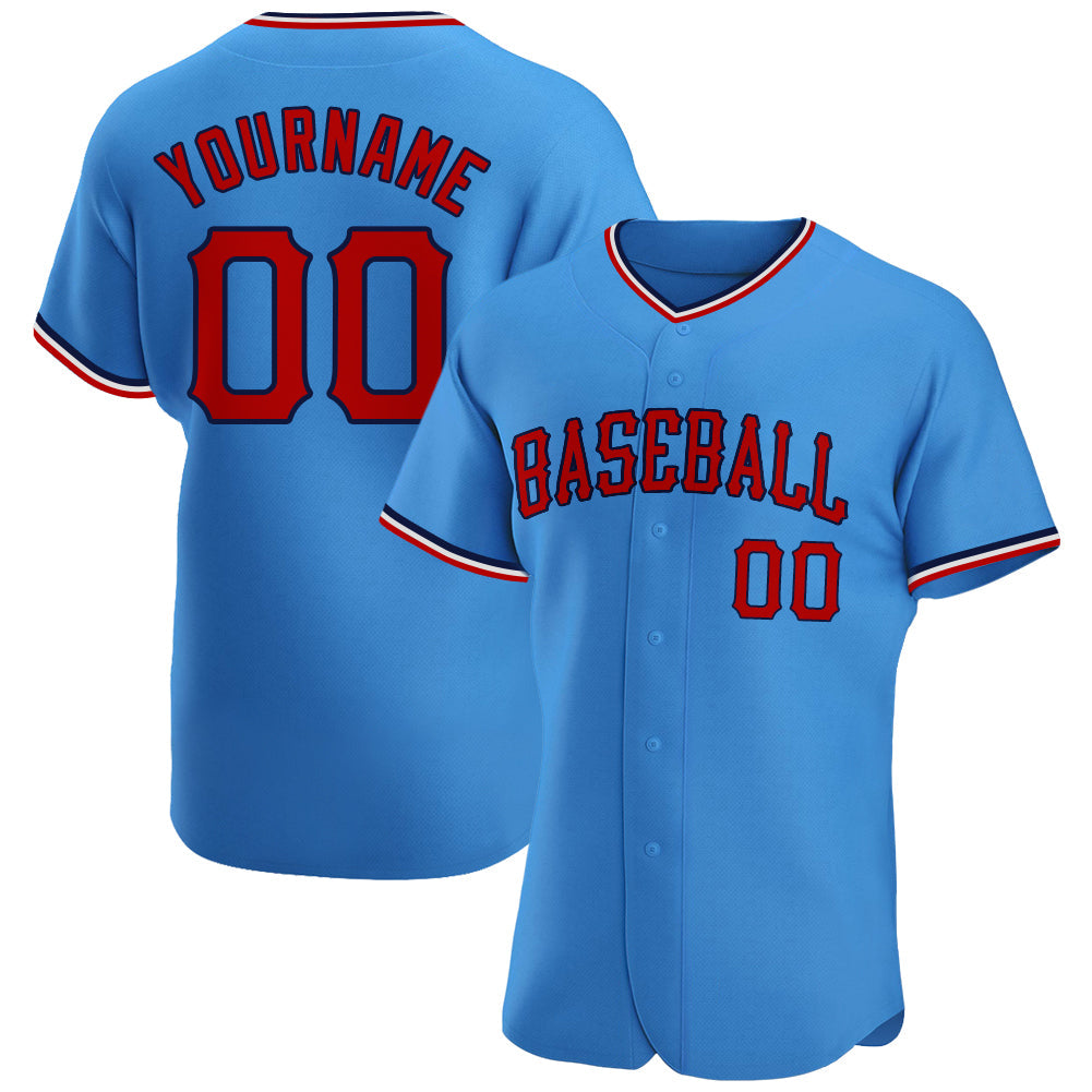 Custom Powder Blue Red-Navy Authentic Baseball Jersey - Main View