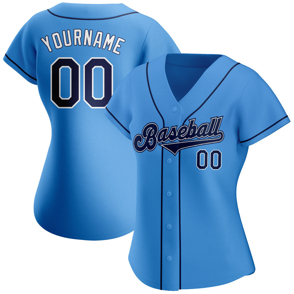 Custom Powder Blue Navy-White Authentic Baseball Jersey view 2