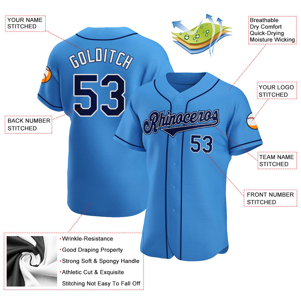 Custom Powder Blue Navy-White Authentic Baseball Jersey view 3