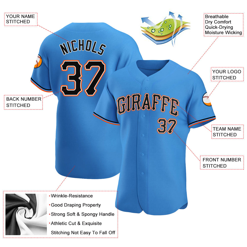 Custom Powder Blue Black-Orange Authentic Baseball Jersey view 3