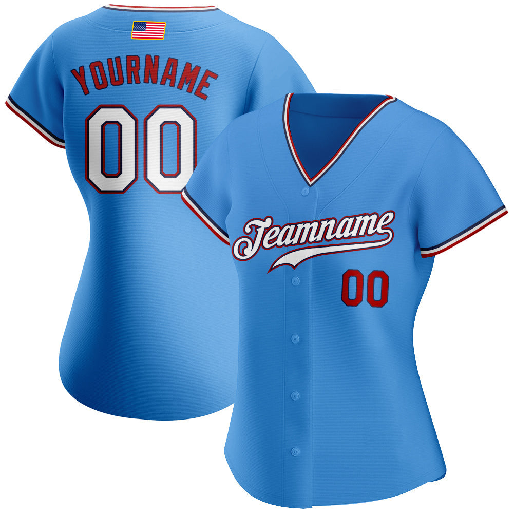 Custom Powder Blue White-Red Authentic American Flag Fashion Baseball Jersey view 2