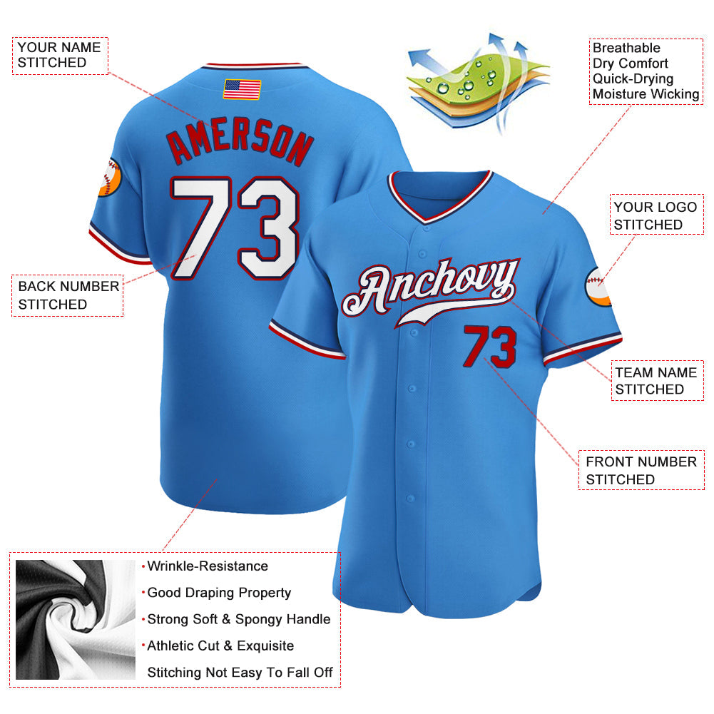 Custom Powder Blue White-Red Authentic American Flag Fashion Baseball Jersey view 3