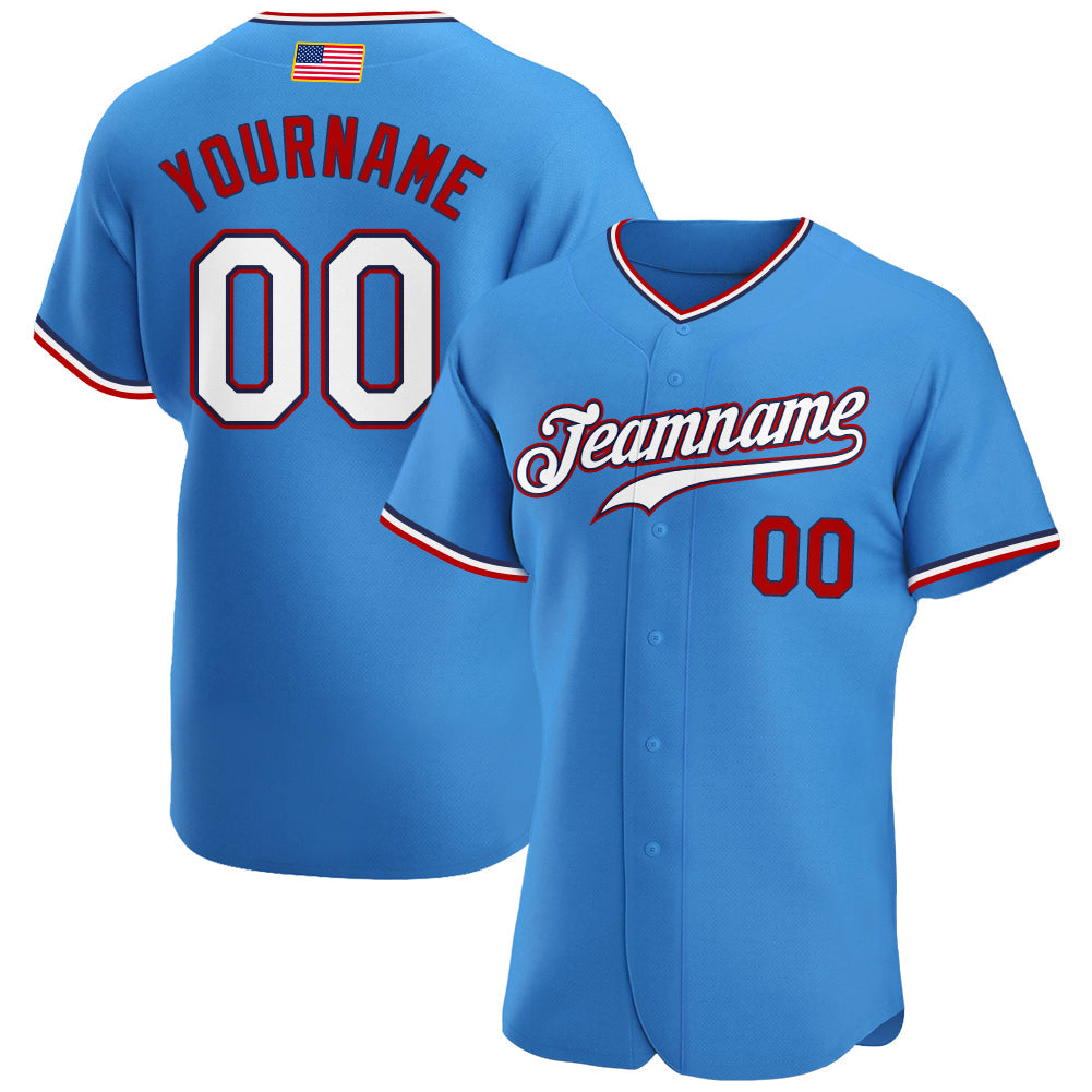 Custom Powder Blue White-Red Authentic American Flag Fashion Baseball Jersey - Main View