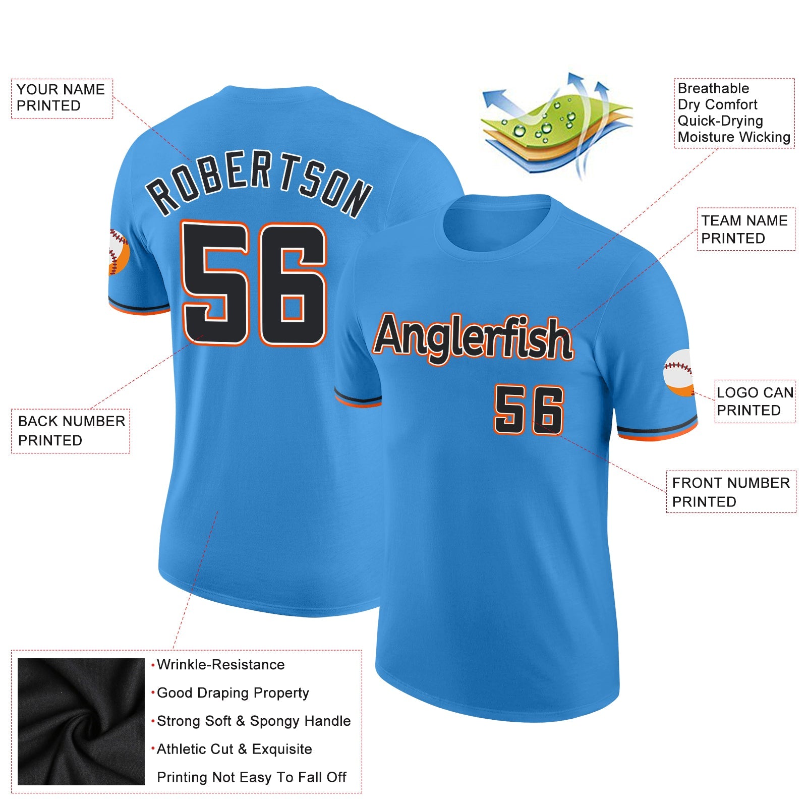Custom Powder Blue Black-Orange Performance T-Shirt view 2