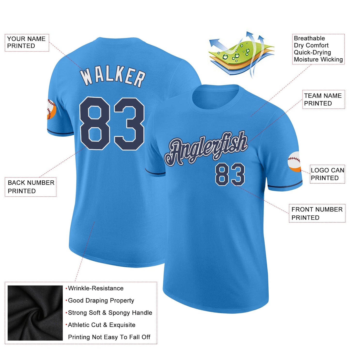 Custom Powder Blue Navy-White Performance T-Shirt view 3