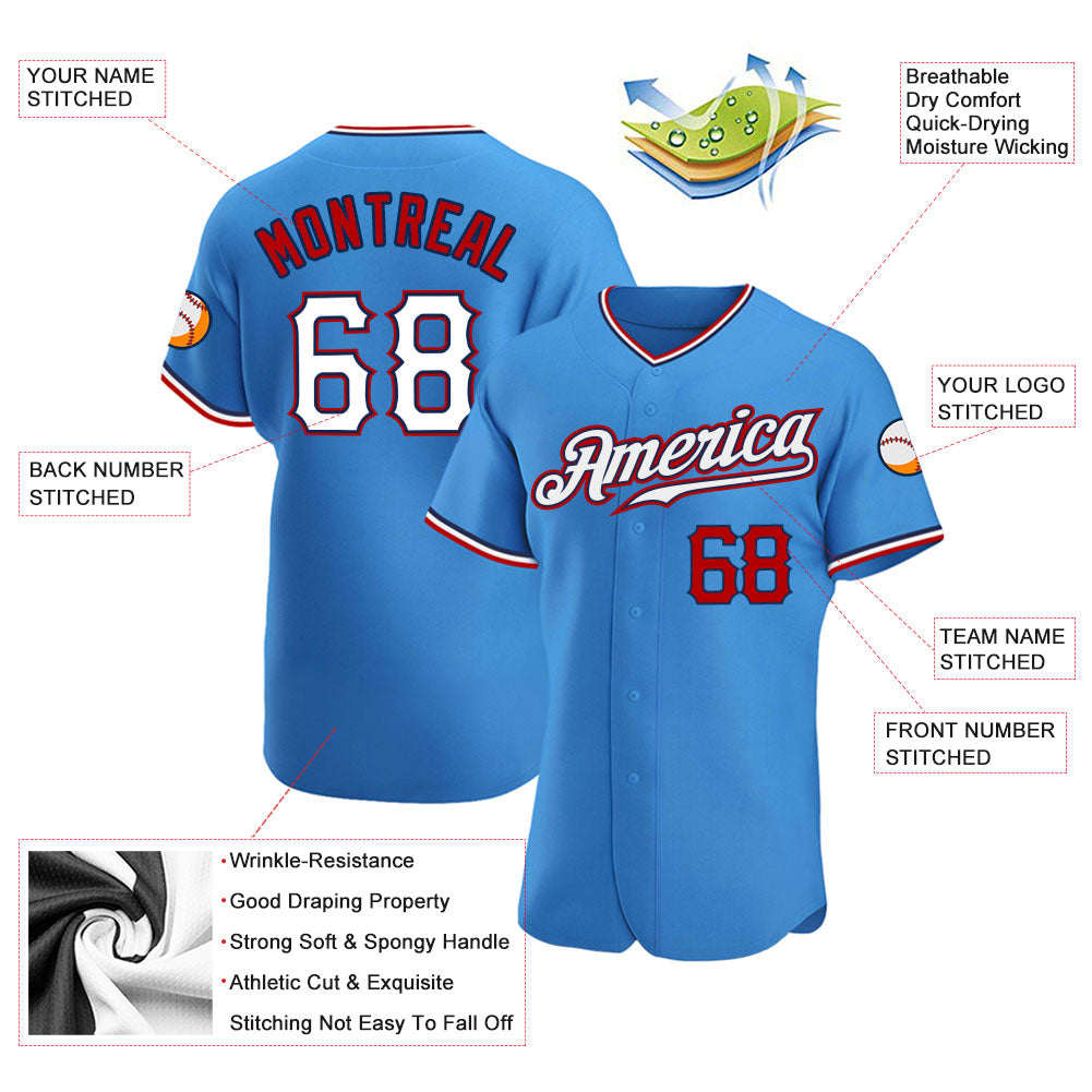 Custom Powder Blue White-Red Authentic Baseball Jersey view 3