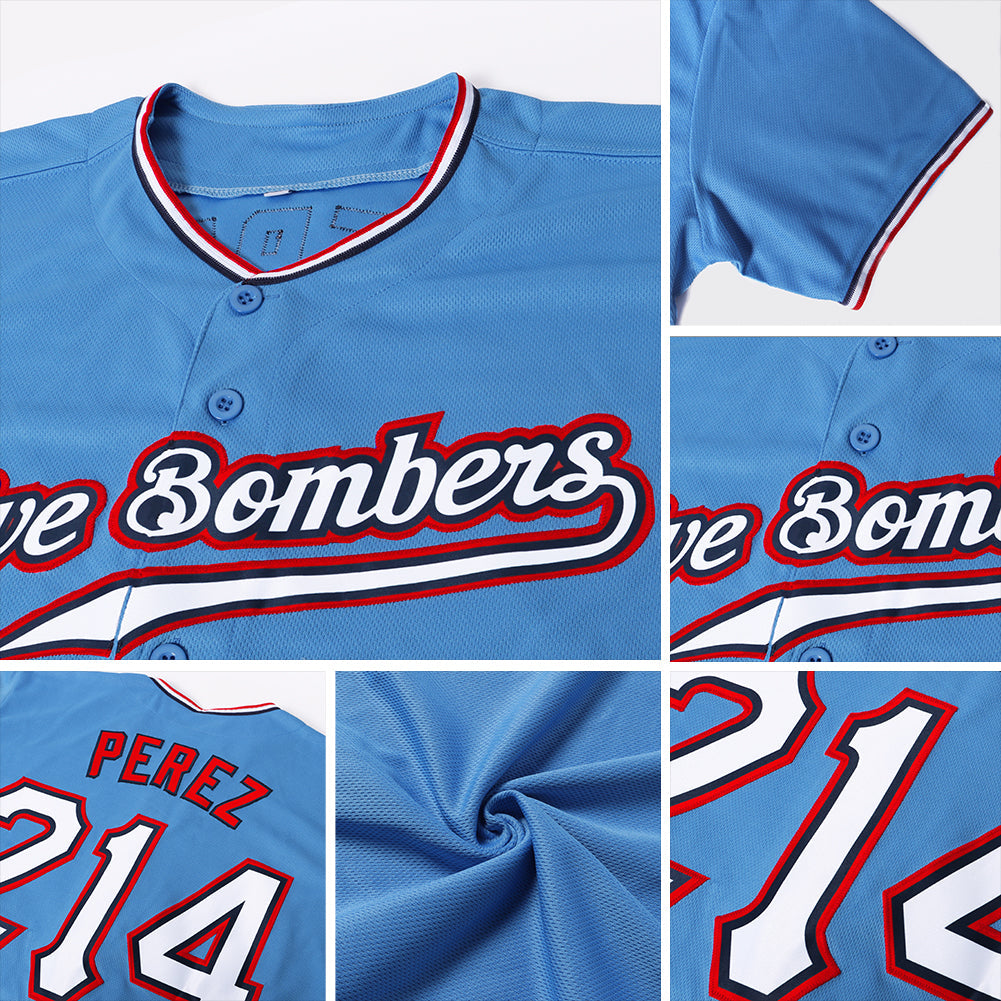 Custom Powder Blue White-Red Authentic Baseball Jersey view 6