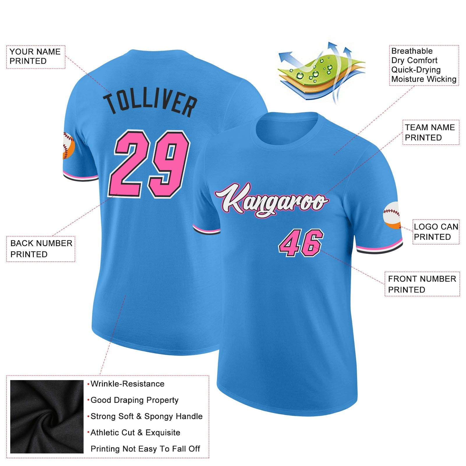 Custom Powder Blue Pink-Black Performance T-Shirt view 3