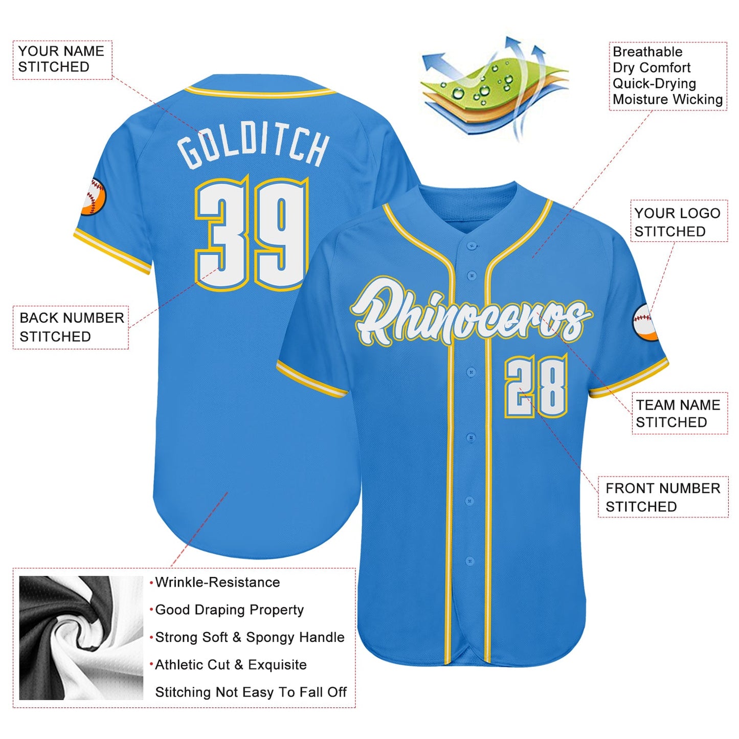 Custom Powder Blue White-Gold Authentic Baseball Jersey view 3