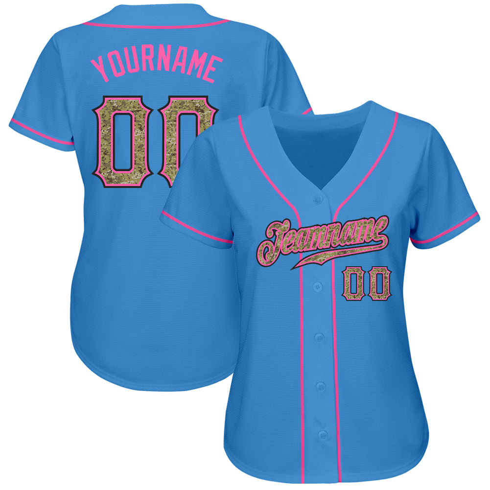 Custom Powder Blue Camo-Pink Authentic Baseball Jersey view 2