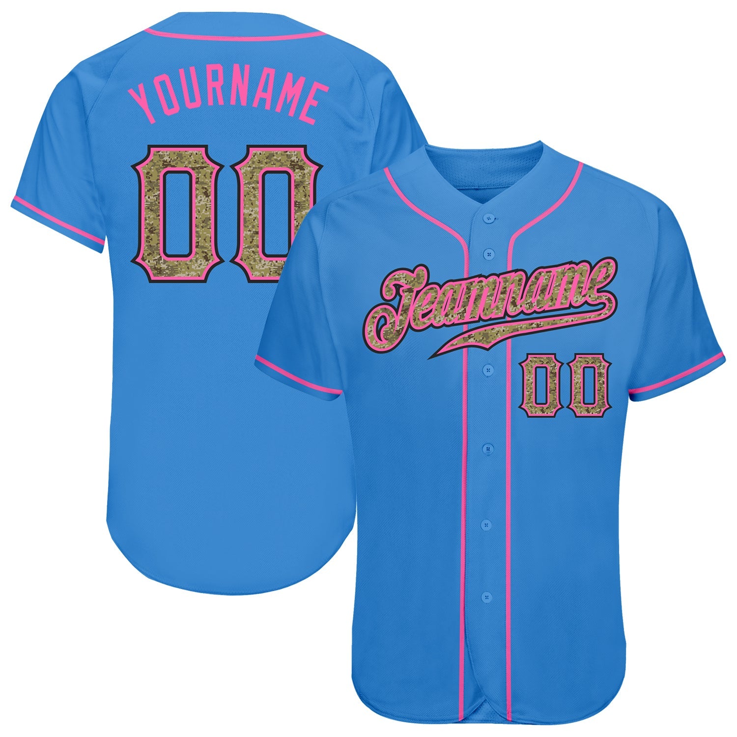 Custom Powder Blue Camo-Pink Authentic Baseball Jersey - Main View