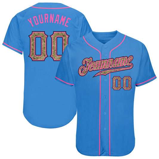 Custom Powder Blue Camo-Pink Authentic Baseball Jersey - Main View