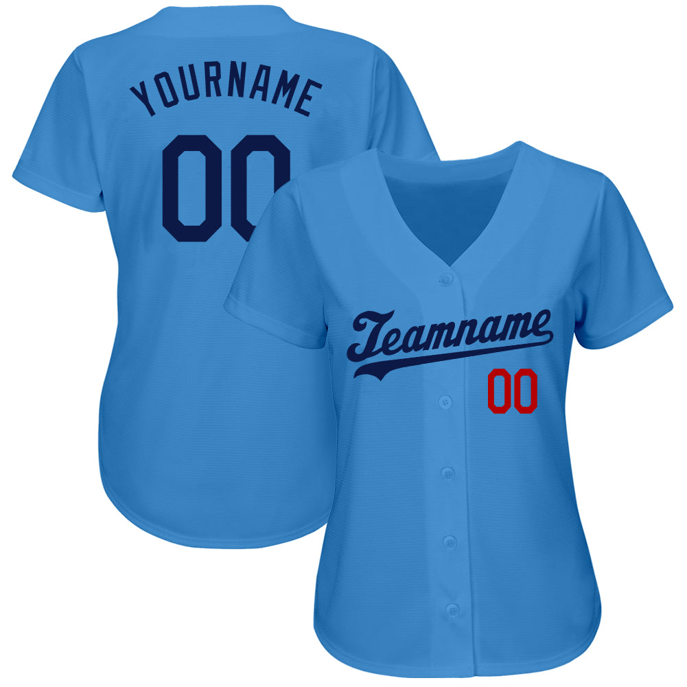 Custom Powder Blue Navy-Red Authentic Baseball Jersey view 2