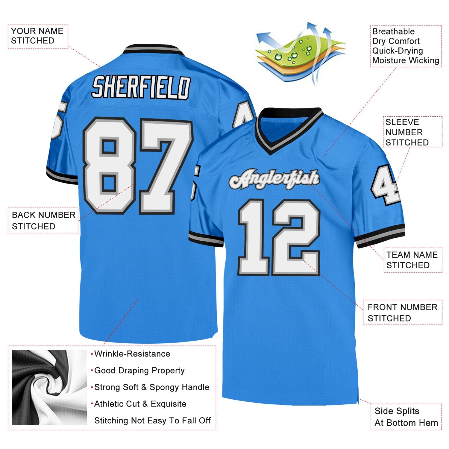 Custom Powder Blue White-Black Mesh Authentic Throwback Football Jersey view 4
