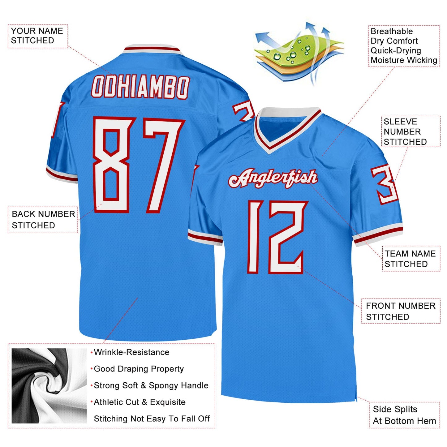 Custom Powder Blue White-Red Mesh Authentic Throwback Football Jersey view 4