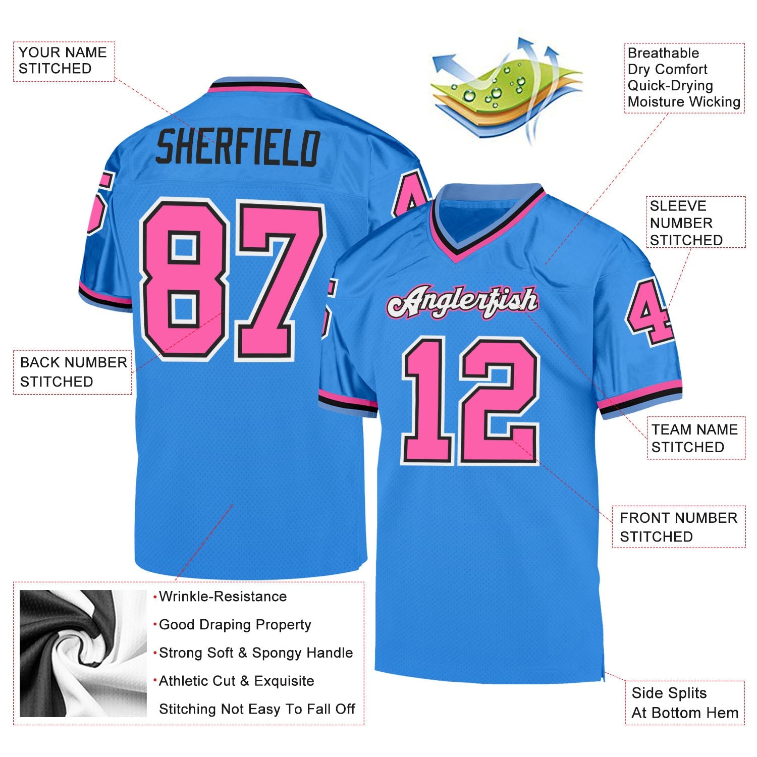Custom Powder Blue Pink-Black Mesh Authentic Throwback Football Jersey view 4