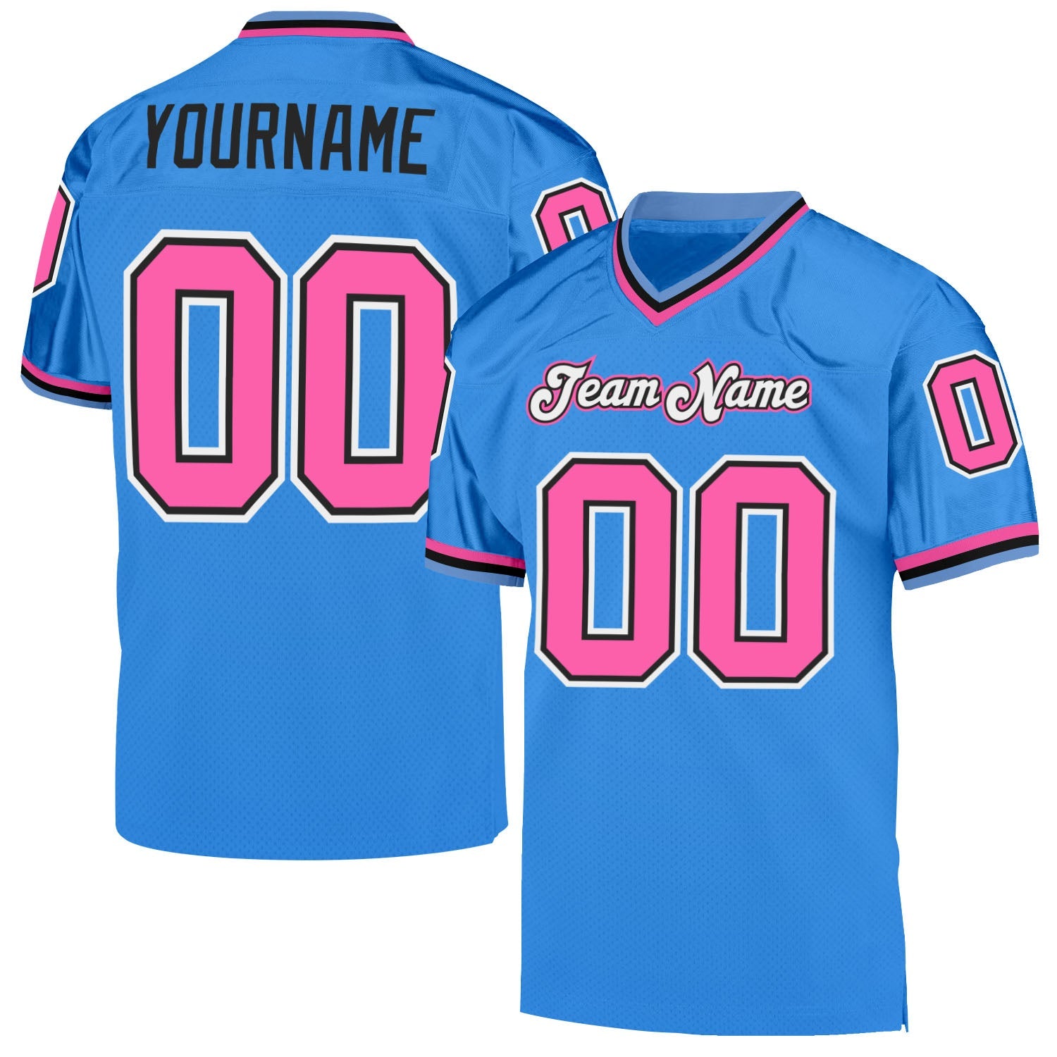 Custom Powder Blue Pink-Black Mesh Authentic Throwback Football Jersey - Main View