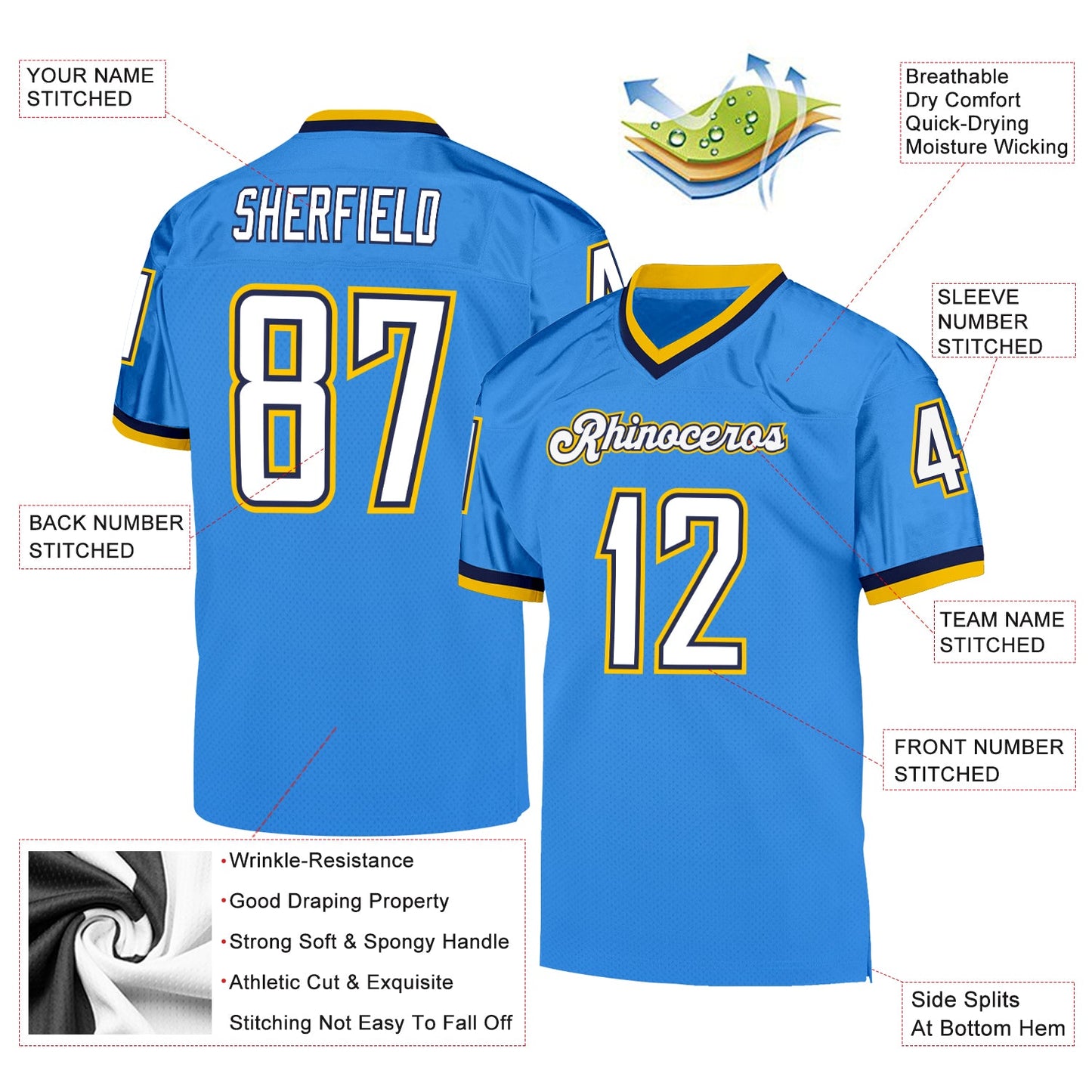Custom Powder Blue White-Navy Mesh Authentic Throwback Football Jersey view 4