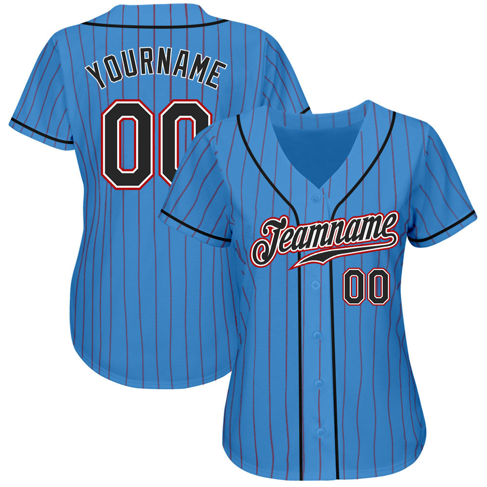 Custom Powder Blue Red Pinstripe Black-White Authentic Baseball Jersey view 2